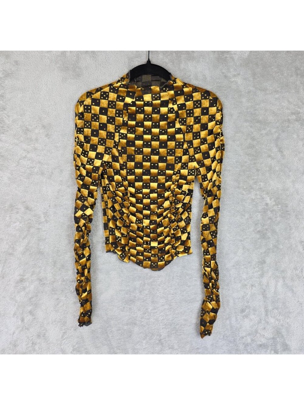 Urban Outfitters Blouse Womens XS Gold Check High Neck Ruched Velvet Long Sleeve
